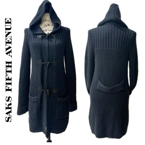 SAKS FIFTH AVENUE CARDIGAN HOODED SWEATER FISHERMAN CHUNKY 100% COTTON NAVY BLUE - Picture 1 of 14
